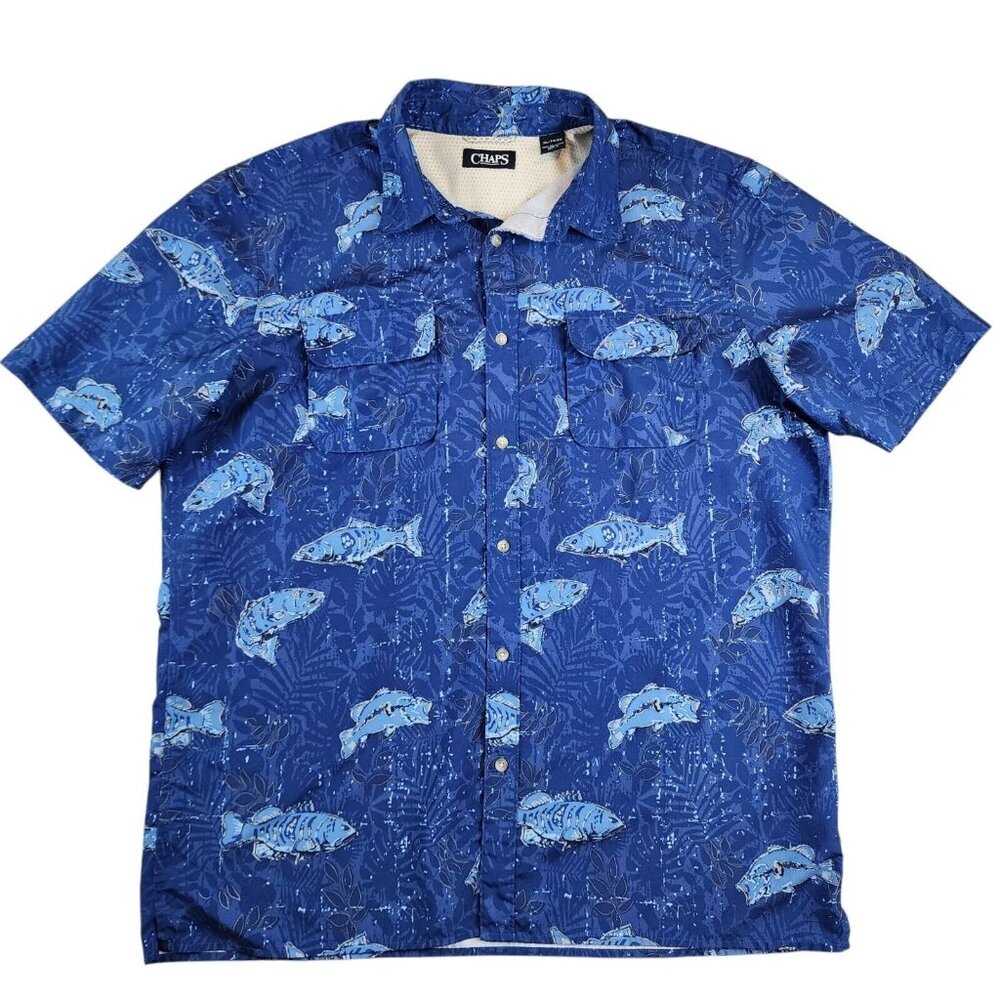 CHAPS x Ralph Lauren Mens XL Camp Shirts Blue Fish Softshell Vent Button‎ Up